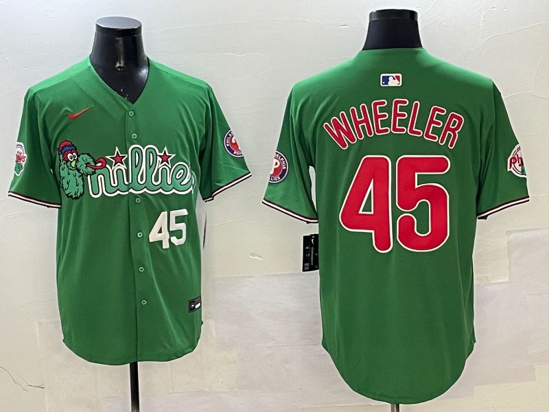 Men Philadelphia Phillies #45 Wheeler Green Three generations Joint Name Game 2025 Nike MLB Jersey style 2